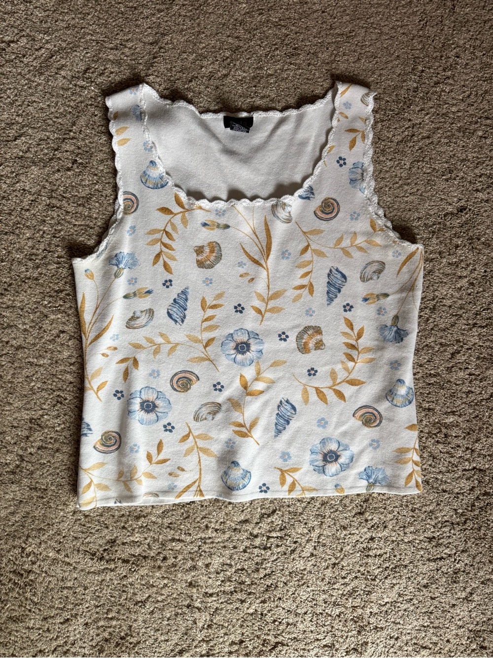 EVIE White Tank Top with Blue Floral and Gold seaside Motif